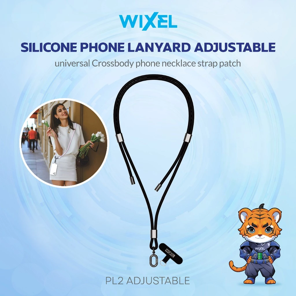 WIXEL PL2 Adjustable Long Phone Lanyard Silicone Tali Gantungan Handphone Crossbody Neck Phone Hanger HP Cross Body Necklece Strap Kalung Straps Silikon Selempang Badan Hitam