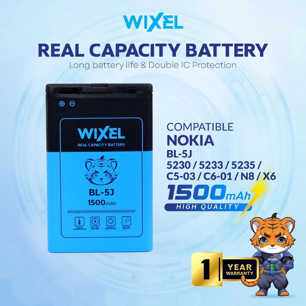 WIXEL Baterai BL-5J Nokia 5228 5230 5232 5233 5235 8800 5800 5800i 5802 C3-00 N900 X1-01 X6-00 Lumia 520 200 201 302 Asha Double Power Real Capacity Batre Batrai Battery Original Ori Dual BL5J