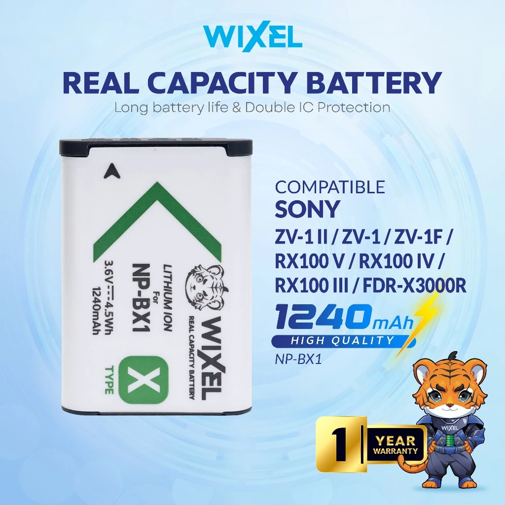 WIXEL Baterai Kamera NP-BX1 for Sony DSC RX100 II RX1 RX1R HX300 HX50V WX300 HX400V FDR X3000R X1000V HDR AS100 AS30V AS20 AS10 AS15 ZV-1-II ZV-1 ZV-1F Cyber Shoot Real Capacity Batre Batrai Camera Battery Dual Double Power NPBX1